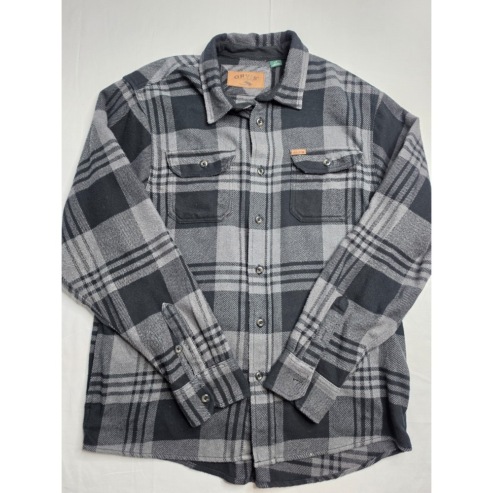 Orvis Flannel Shacket Men's Large Gray Black Plaid Cotton Locker Loop Casual